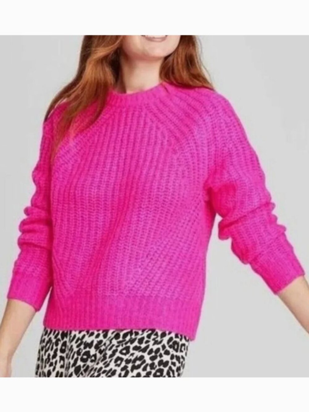 A NEW DAY Crewneck Pullover Sweater Bright Hot Pink Neon Pink Chunky Knit Large